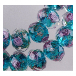 Beads : faceted glass crystal : Rose flower inlay : peacock green